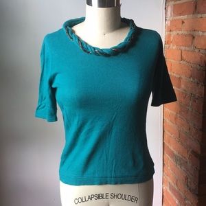 Teal 3/4 Sleeve sweater top with unique neckline detail, Jones New York